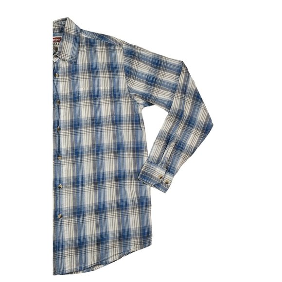 Wrangler Shirt Men's Long Sleeve Collared Plaid Button Up Blue Cream Tan Medium - Picture 4 of 11